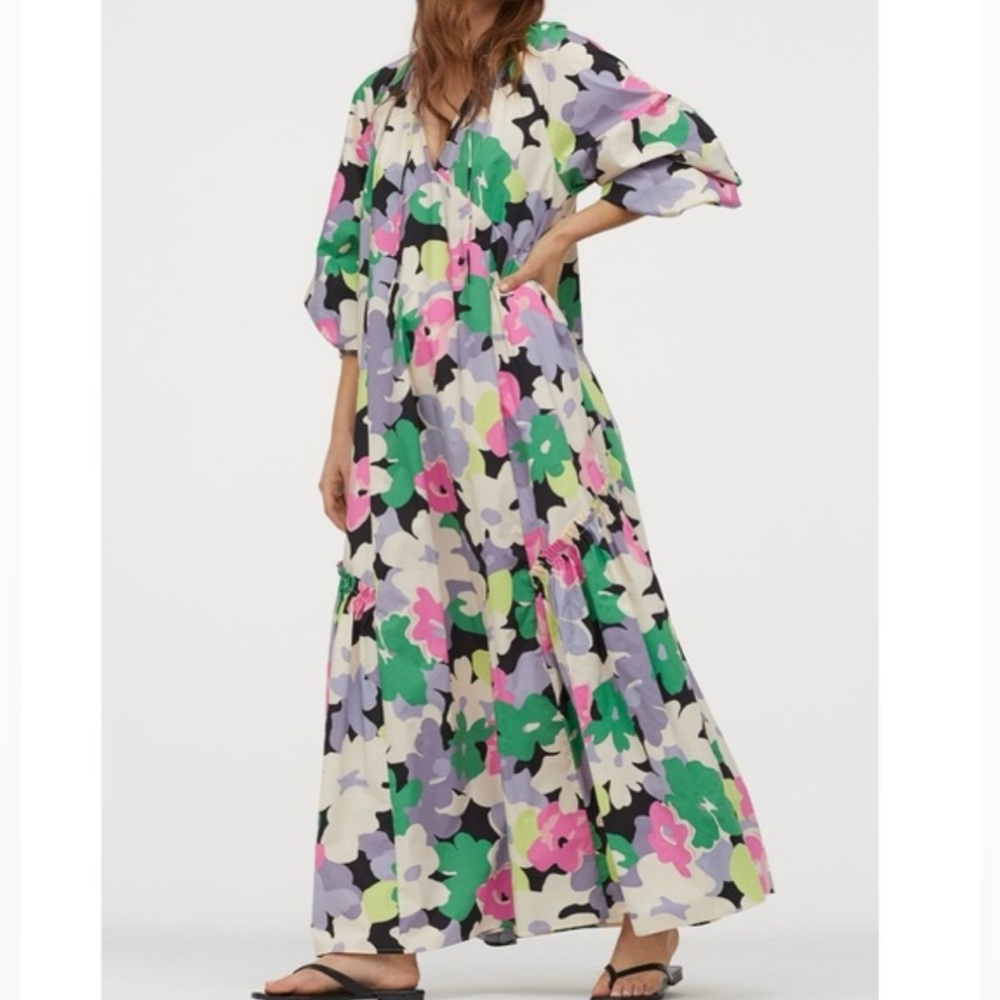 H&M 100% Cotton Kaftan Dress multicolor floral oversized size medium - Picture 3 of 11